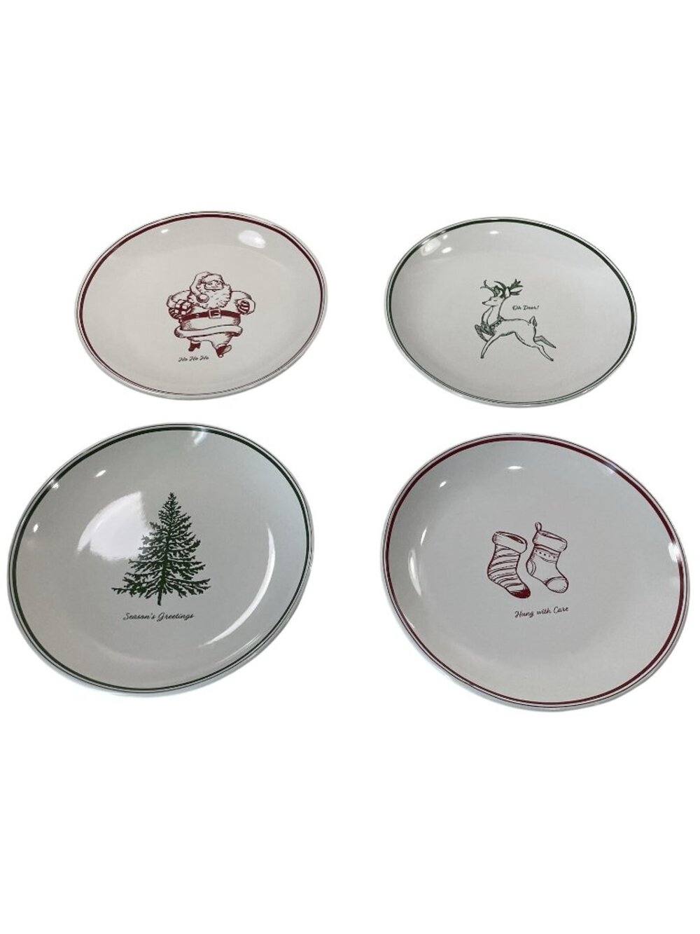 Sur La Table Dessert Plates Set of 4 Joyeux Noel Santa Reindeer Stockings Tree